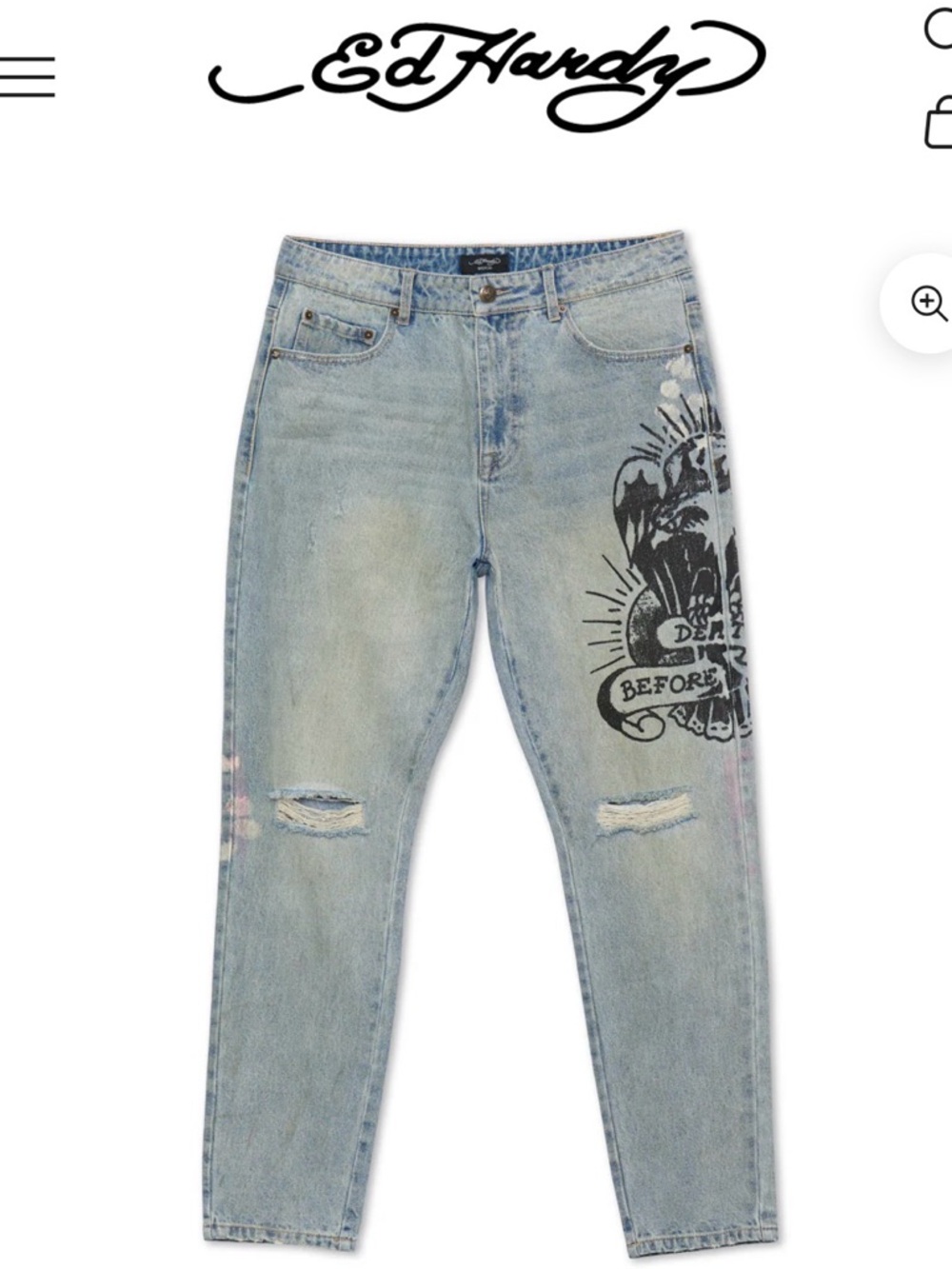 Ed Hardy Light Vintage Blue Denim Slim Tapered Distressed Jeans